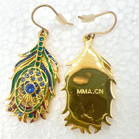 Vtg Metropolitan Museum of Art Earrings Dangle Jeweled Peacock Feather Art Novea - Picture 2 of 8
